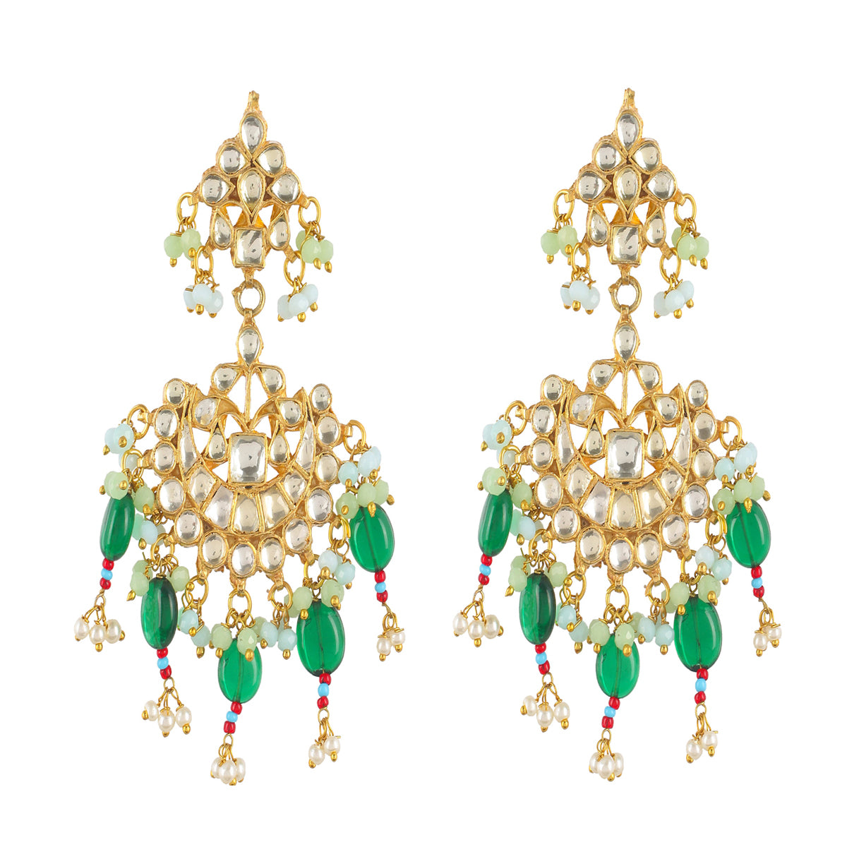 SJN1210- White and Green Colour Gold Plated Jadau Kundan Bridal Necklace with Earirngs and Tika