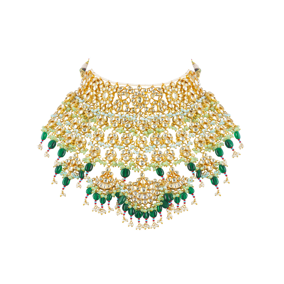 SJN1210- White and Green Colour Gold Plated Jadau Kundan Bridal Necklace with Earirngs and Tika
