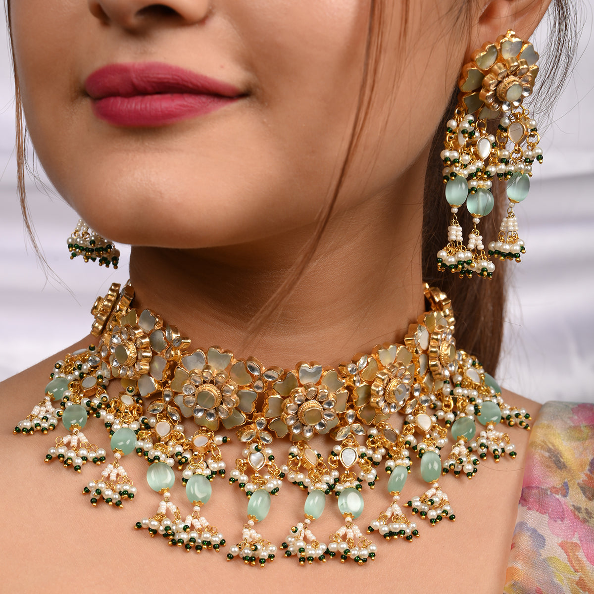 Aradhya Aqua Mother of Pearl Choker Set with Tika