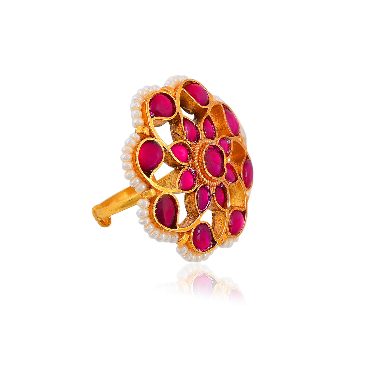 SJR011- Pink Colour Gold Plated Jadau Kundan Ring