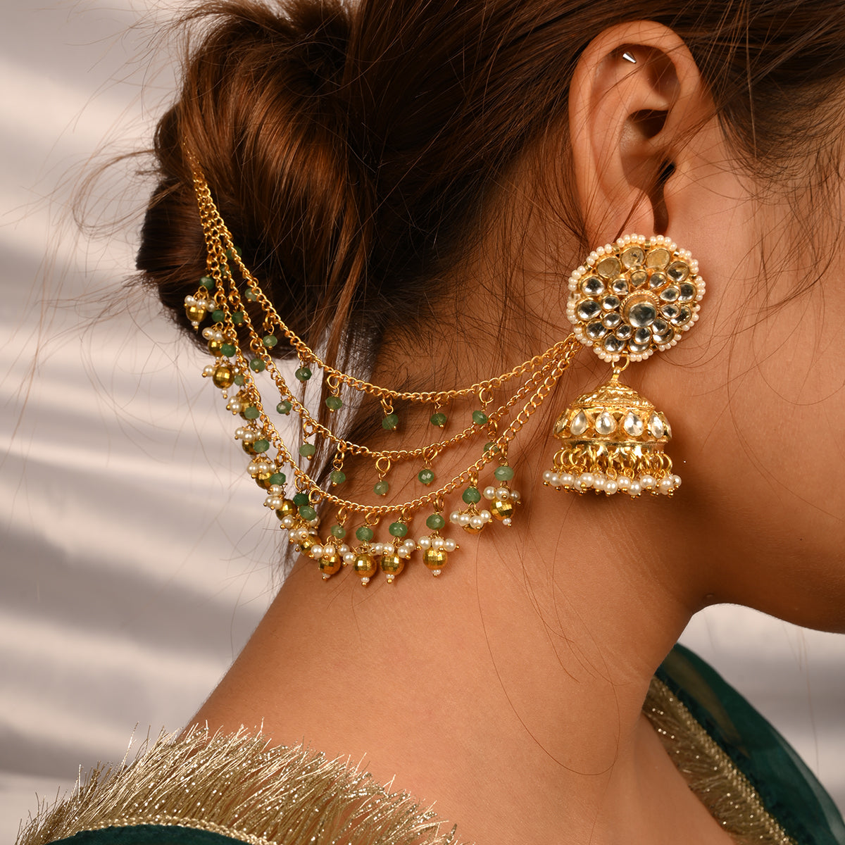 SJKC005- White and Mint Colour Gold Plated Jadau Kundan Kaanchain With Jhumki Optional