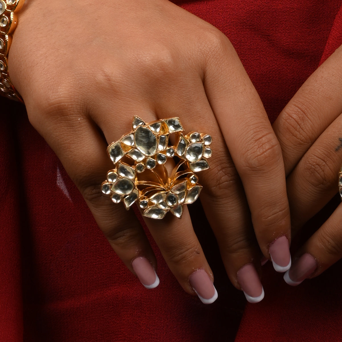 SJR005- White Colour Gold Plated Jadau Kundan Ring