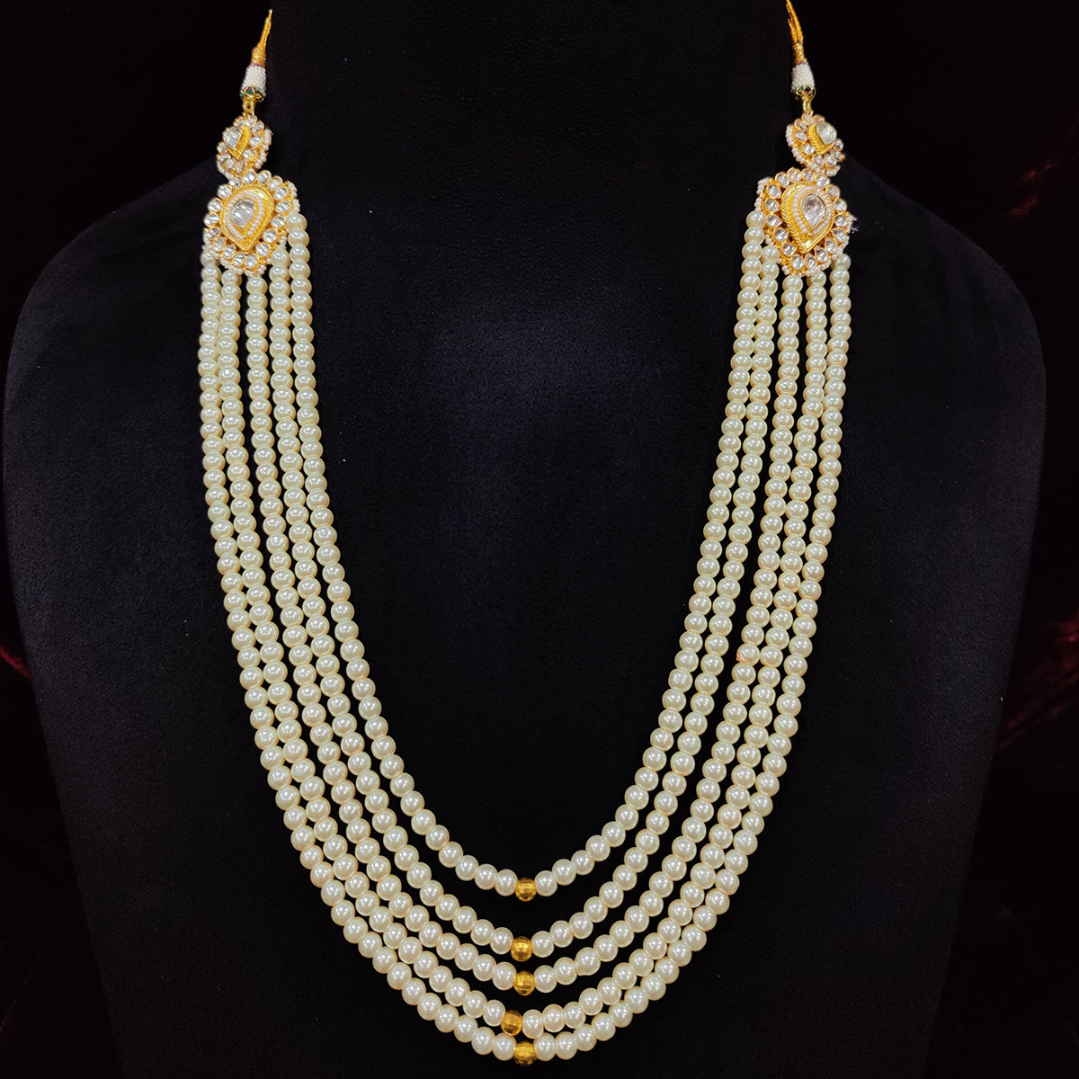 Dunwoody White Pearl Layered Kundan Long Necklace/ Groom Mala