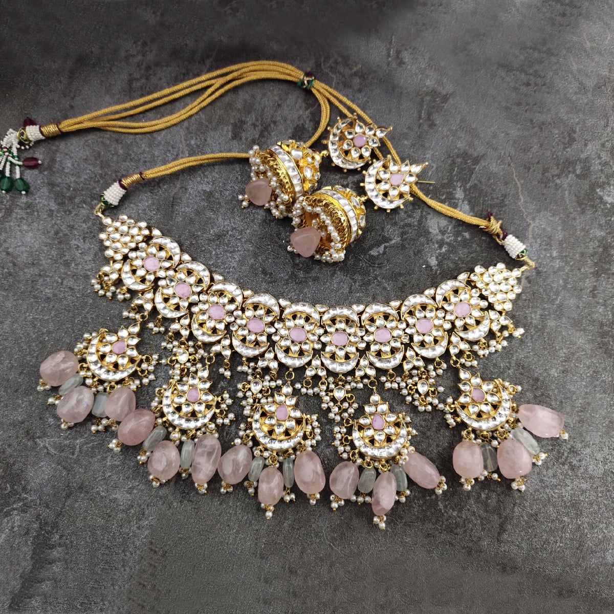 Ishya Pink Chand Star Kundan Necklace Set