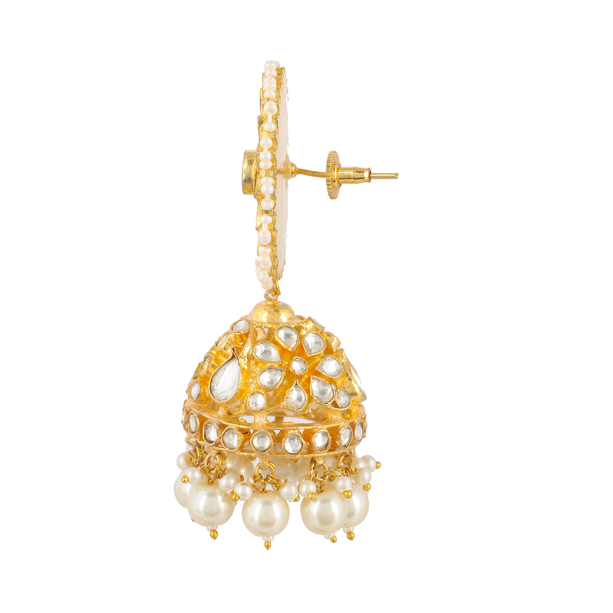 SJE039- White Colour Gold Plated Mother of Pearl & Jadau Kundan Mix Jhumki Earrings