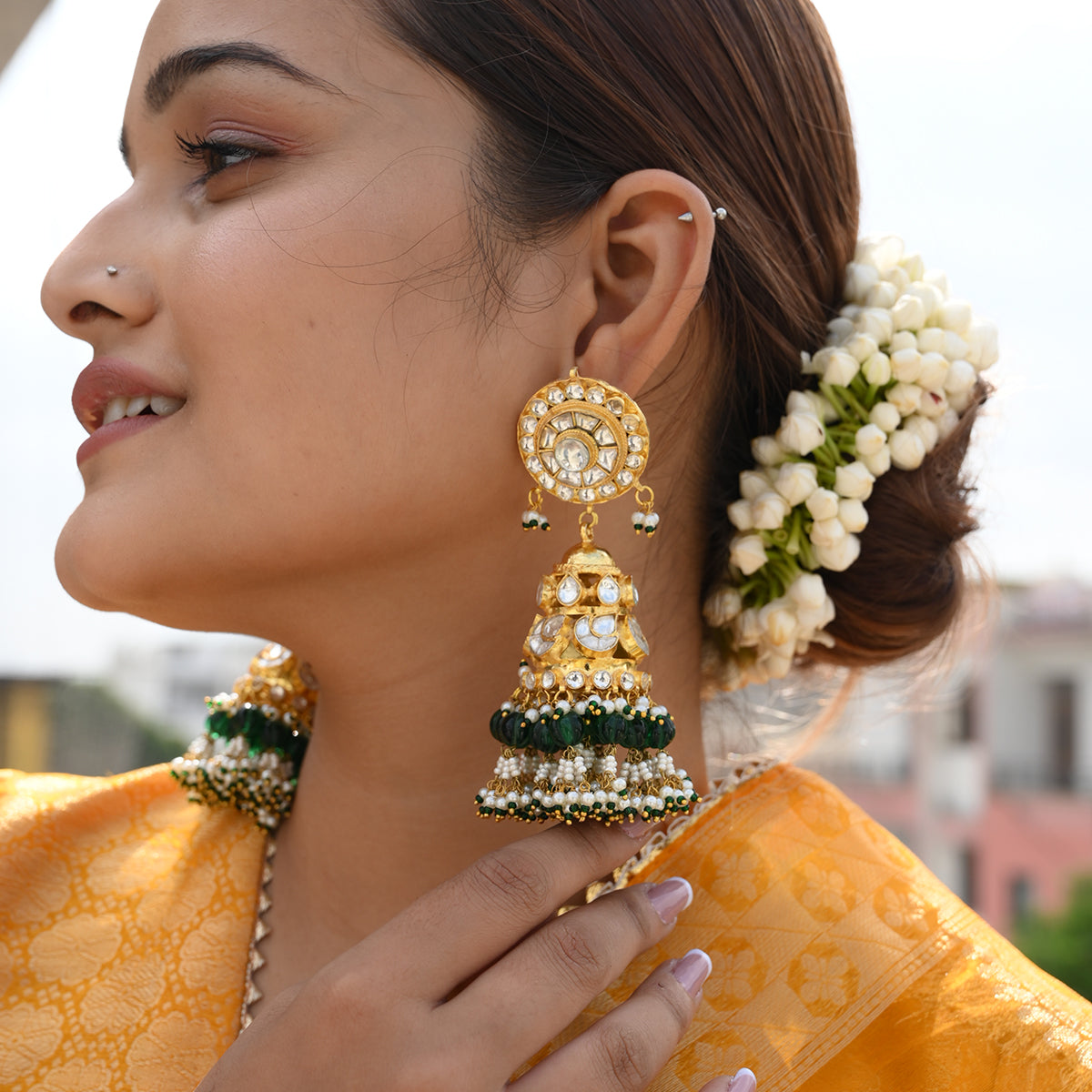 Kevalya Kundan Green Jhumkas/Earring