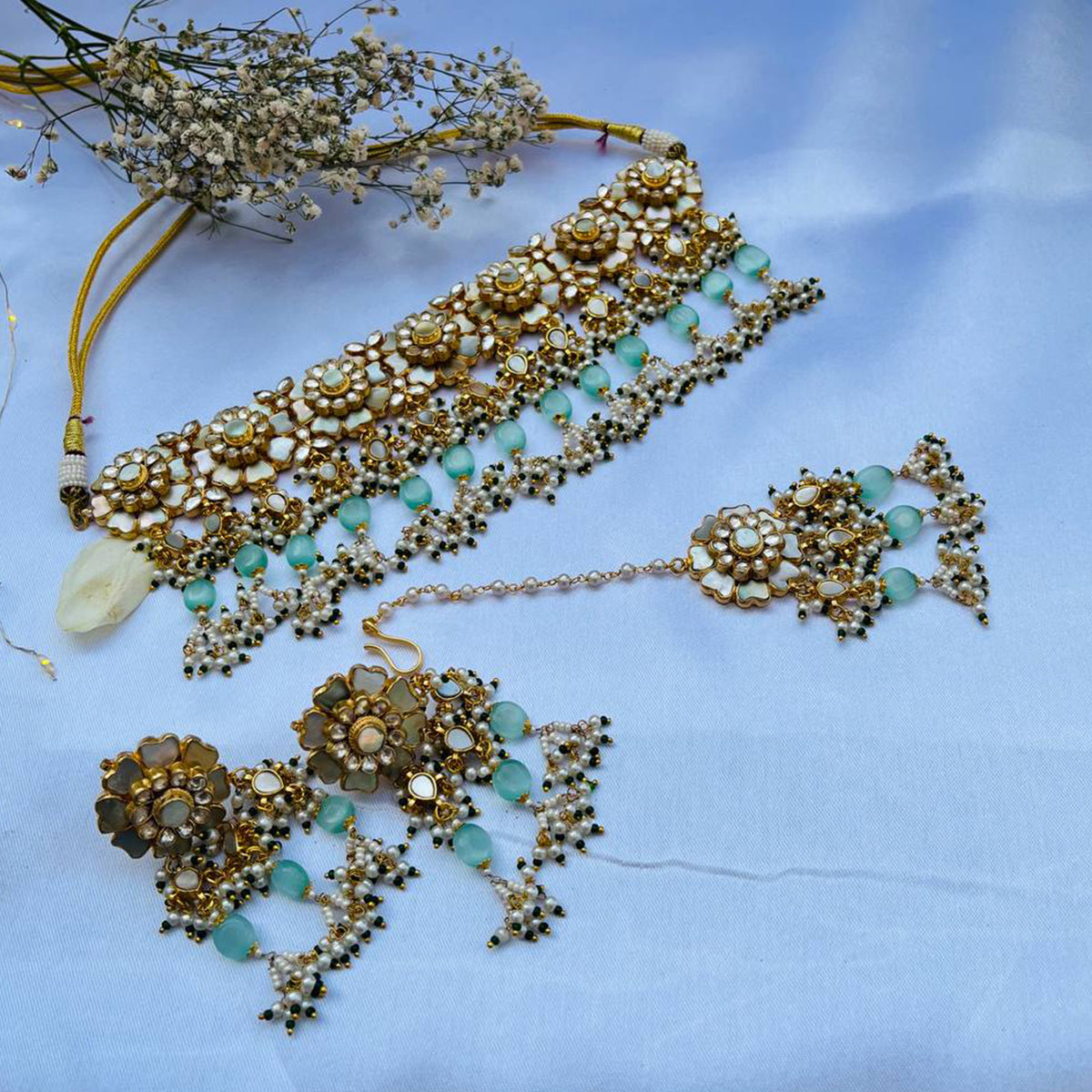 Aradhya Aqua Mother of Pearl Choker Set with Tika